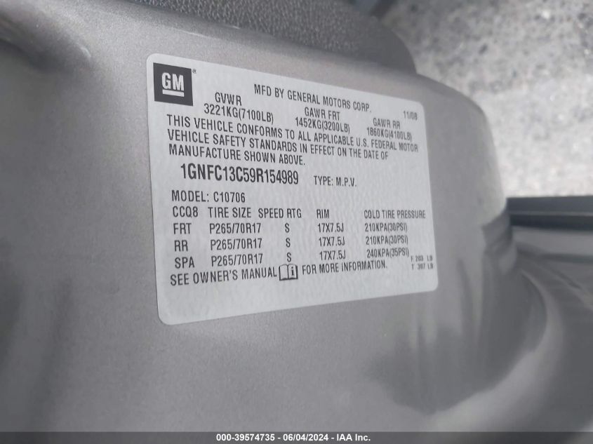 2009 Chevrolet Tahoe Ls VIN: 1GNFC13C59R154989 Lot: 39574735
