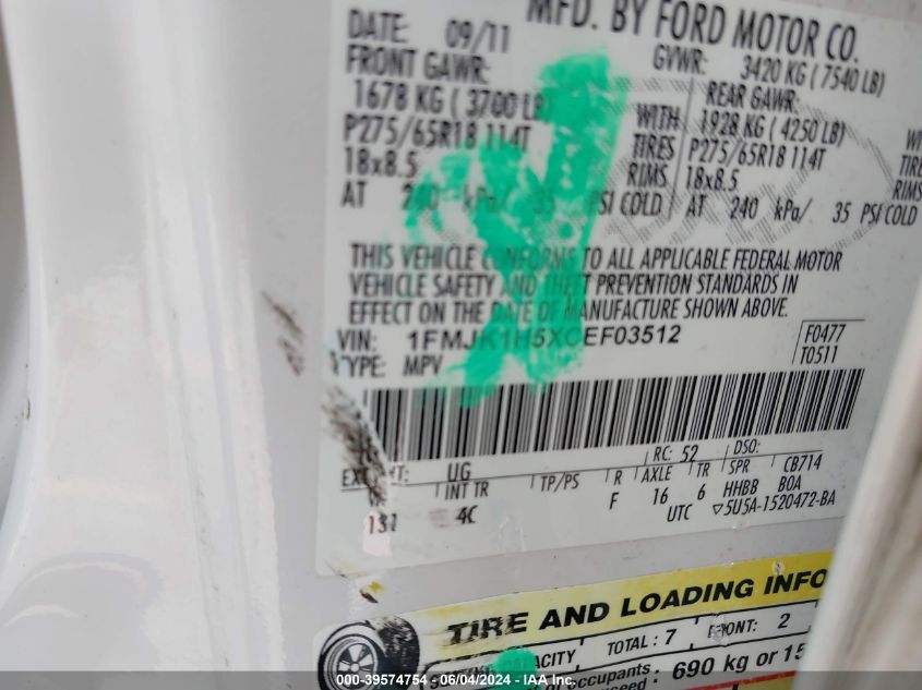 2012 Ford Expedition El Xlt VIN: 1FMJK1H5XCEF03512 Lot: 39574754