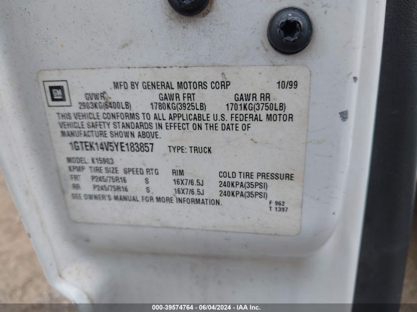 2000 GMC Sierra 1500 Sl VIN: 1GTEK14V5YE183857 Lot: 39574764