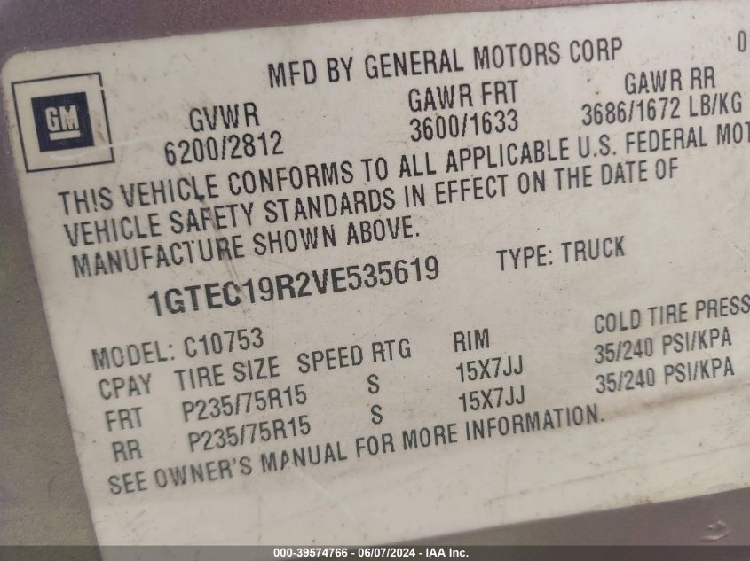 1997 GMC Sierra 1500 Sl Wideside VIN: 1GTEC19R2VE535619 Lot: 39574766