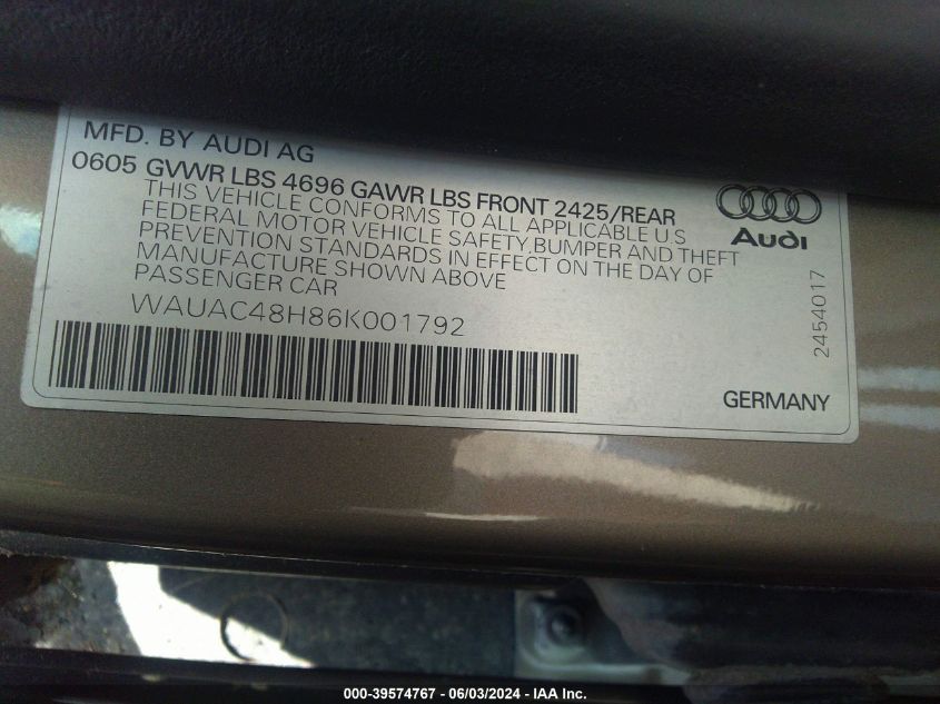 WAUAC48H86K001792 | 2006 AUDI A4