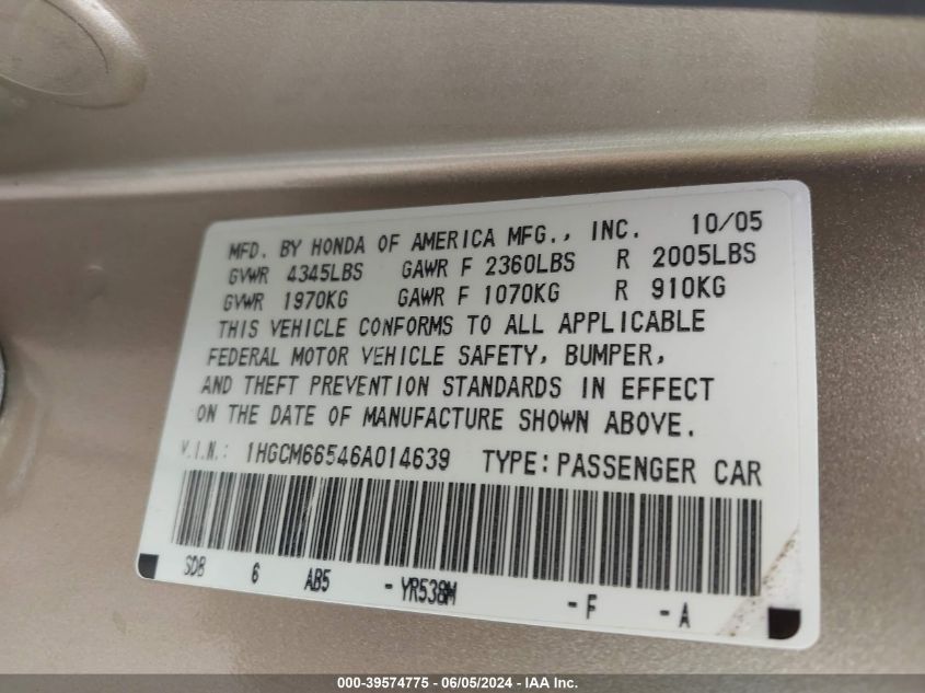 2006 Honda Accord 3.0 Ex VIN: 1HGCM66546A014639 Lot: 39574775