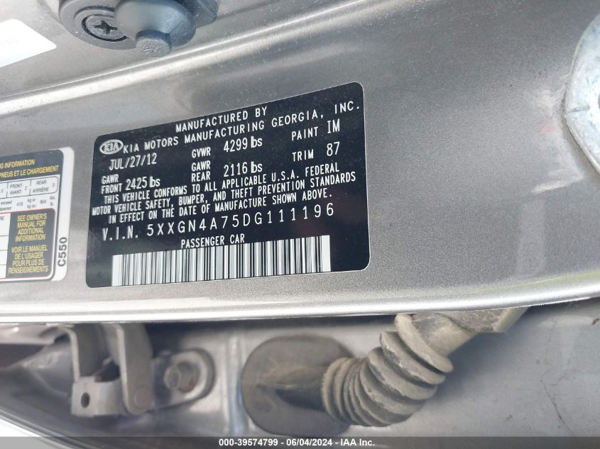 2013 Kia Optima Ex VIN: 5XXGN4A75DG111196 Lot: 39574799