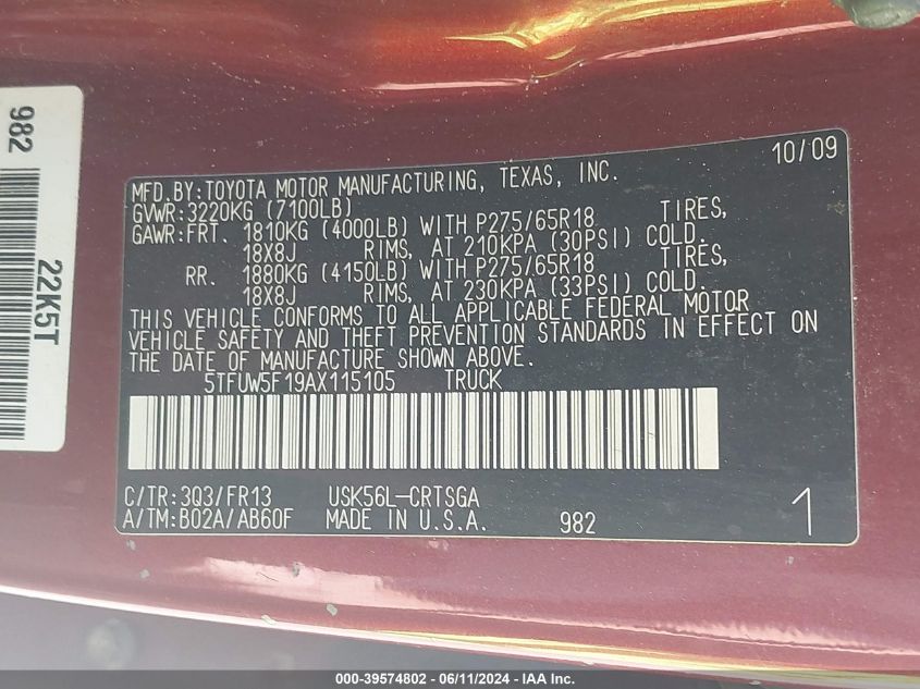 2010 Toyota Tundra Grade 5.7L V8 VIN: 5TFUW5F19AX115105 Lot: 39574802