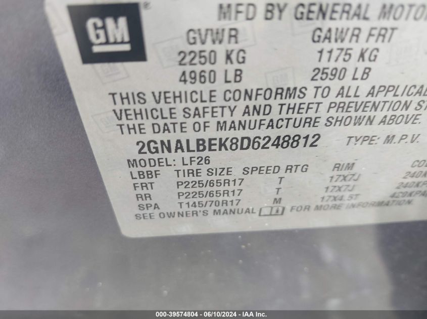 2013 Chevrolet Equinox Ls VIN: 2GNALBEK8D6248812 Lot: 39574804