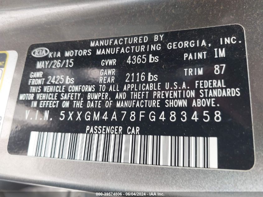 2015 Kia Optima Lx VIN: 5XXGM4A78FG483458 Lot: 39574806