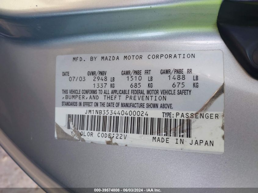2004 Mazda Mx-5 Miata Ls VIN: JM1NB353440400024 Lot: 39574808
