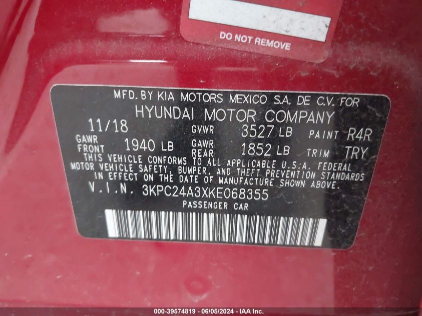 2019 Hyundai Accent Se VIN: 3KPC24A3XKE068355 Lot: 39574819