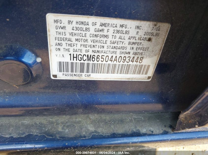 2004 Honda Accord 3.0 Ex VIN: 1HGCM66504A093448 Lot: 39574831