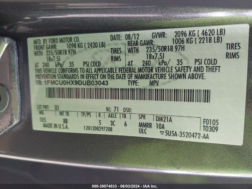 1FMCU0HX9DUB03043 2013 Ford Escape Sel