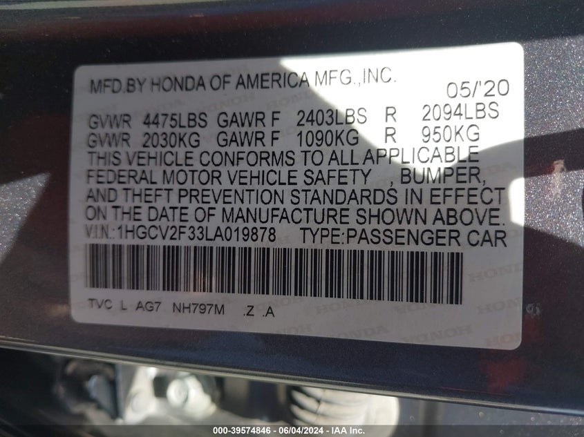 VIN 1HGCV2F33LA019878 2020 HONDA ACCORD SPORT