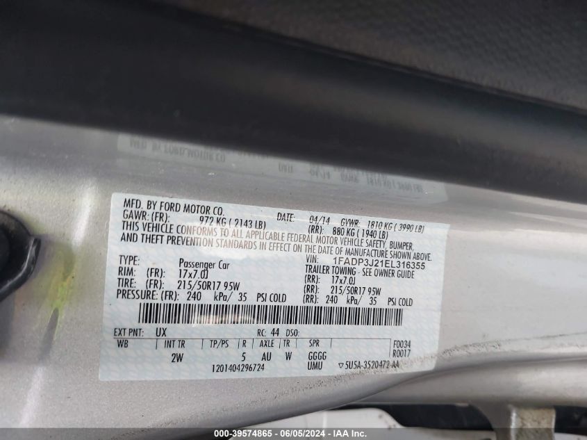 2014 Ford Focus Titanium VIN: 1FADP3J21EL316355 Lot: 39574865