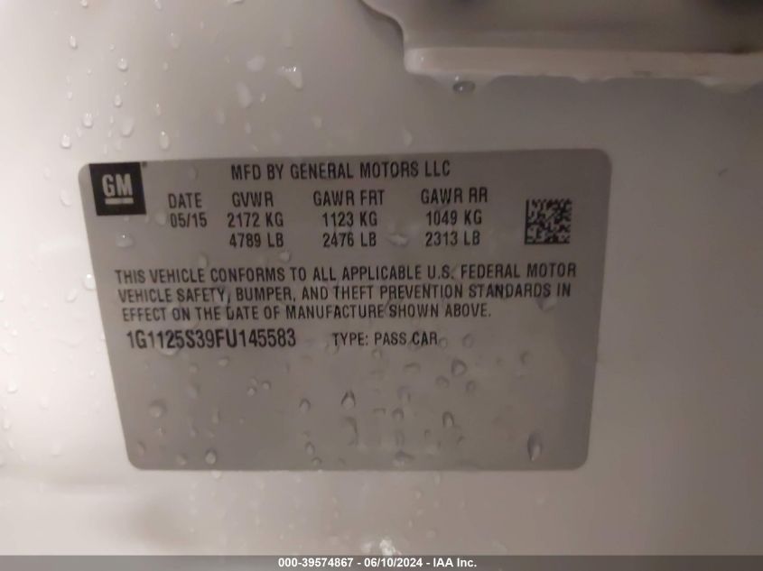 2015 Chevrolet Impala 2Lt VIN: 1G1125S39FU145583 Lot: 39574867