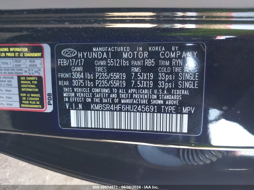 2017 Hyundai Santa Fe Se Ultimate VIN: KM8SR4HF6HU245691 Lot: 39574871