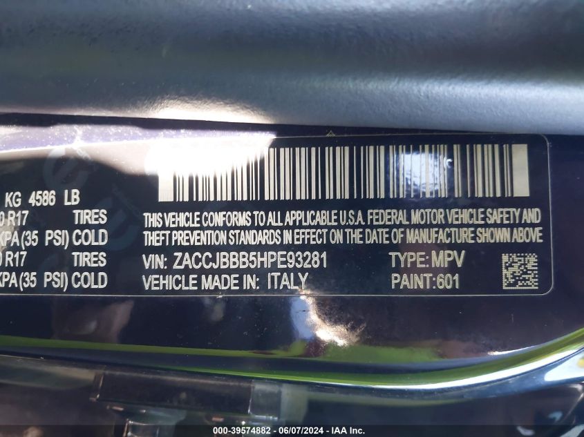 2017 Jeep Renegade Latitude 4X4 VIN: ZACCJBBB5HPE93281 Lot: 39574882