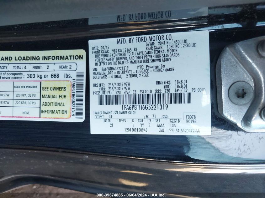 2016 Ford Mustang Ecoboost VIN: 1FA6P8TH6G5221319 Lot: 39574885