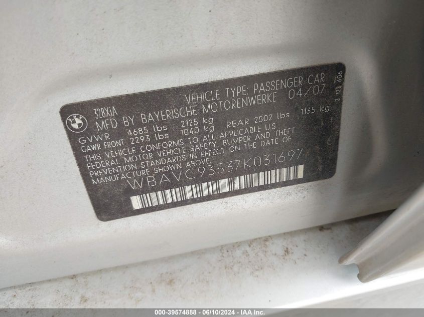 2007 BMW 328 Xi VIN: WBAVC93537K031697 Lot: 39574888