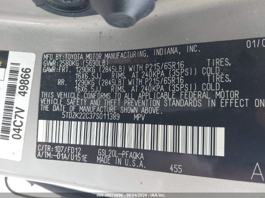 2007 Toyota Sienna Xle VIN: 5TDZK22C37S011389 Lot: 39574898