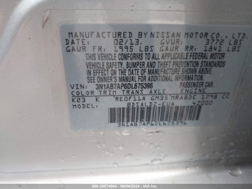 2013 Nissan Sentra Sv VIN: 3N1AB7AP6DL675396 Lot: 39574904