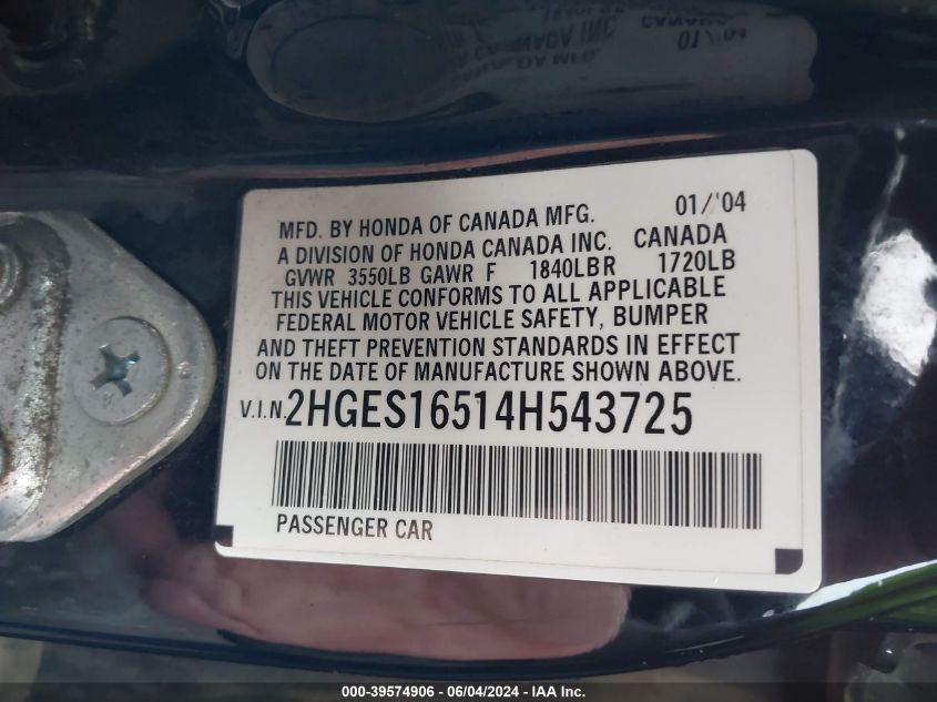 2004 Honda Civic Lx VIN: 2HGES16514H543725 Lot: 39574906