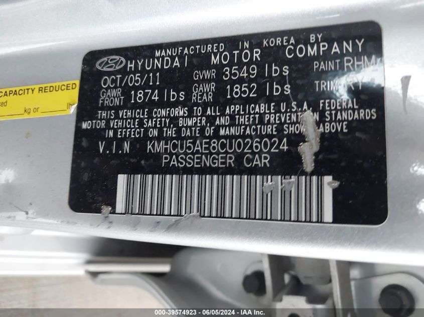 2012 Hyundai Accent Se VIN: KMHCU5AE8CU026024 Lot: 39574923