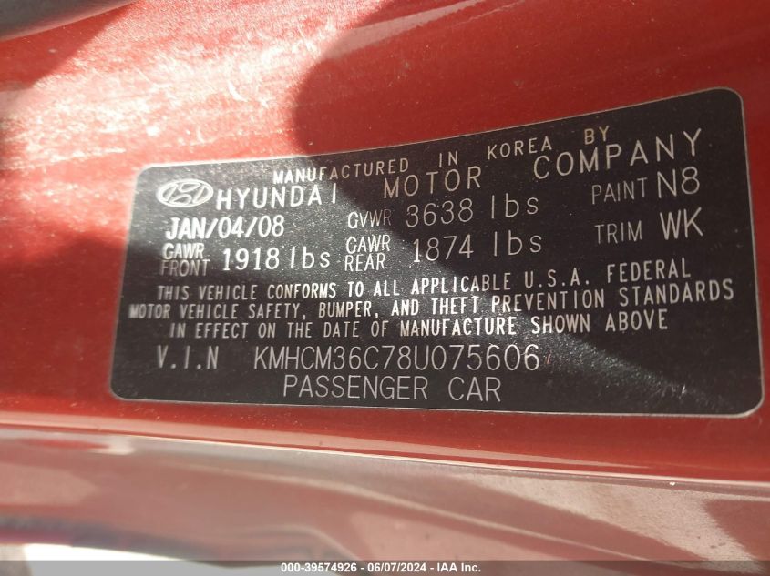 2008 Hyundai Accent Gs VIN: KMHCM36C78U075606 Lot: 39574926