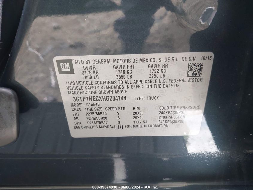 2017 GMC Sierra 1500 Slt VIN: 3GTP1NECXHG204744 Lot: 39574930