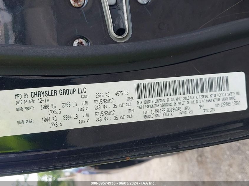 2011 Jeep Compass VIN: 1J4NF1FB1BD134346 Lot: 39574935