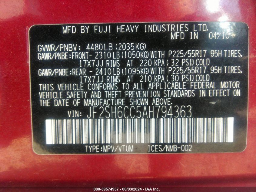 2010 Subaru Forester 2.5X Premium VIN: JF2SH6CC5AH794363 Lot: 39574937