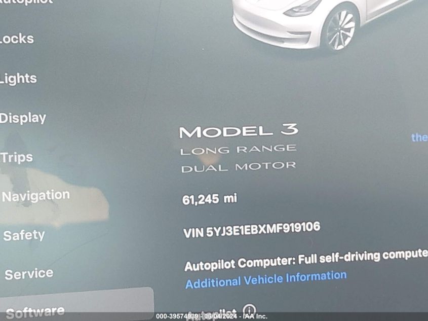 2021 Tesla Model 3 Long Range Dual Motor All-Wheel Drive VIN: 5YJ3E1EBXMF919106 Lot: 39574939