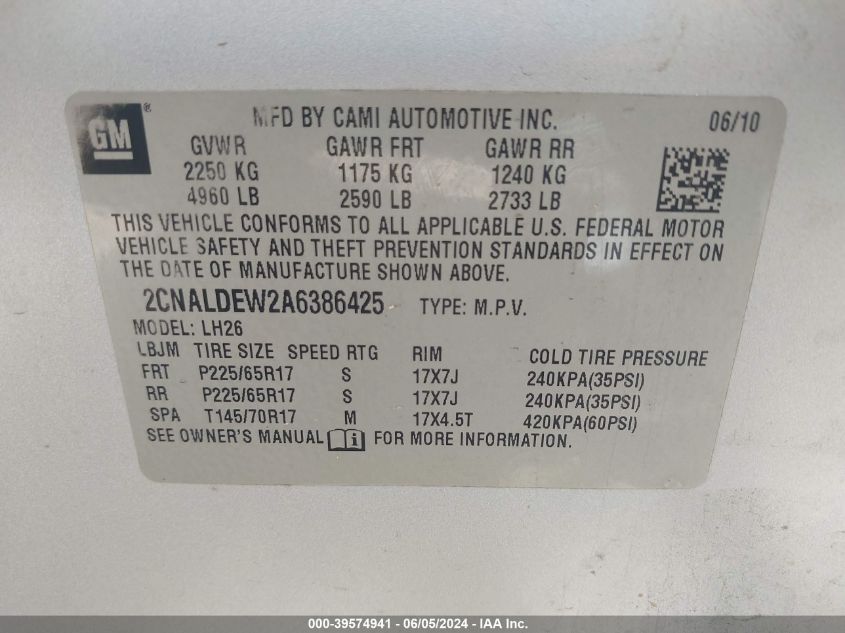 2010 Chevrolet Equinox Lt VIN: 2CNALDEW2A6386425 Lot: 39574941