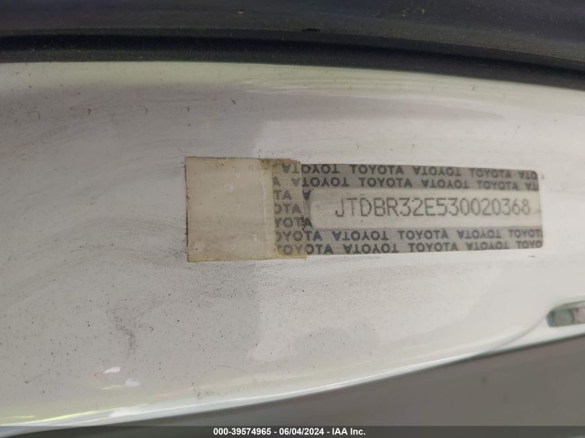 2003 Toyota Corolla Le VIN: JTDBR32E530020368 Lot: 39574965