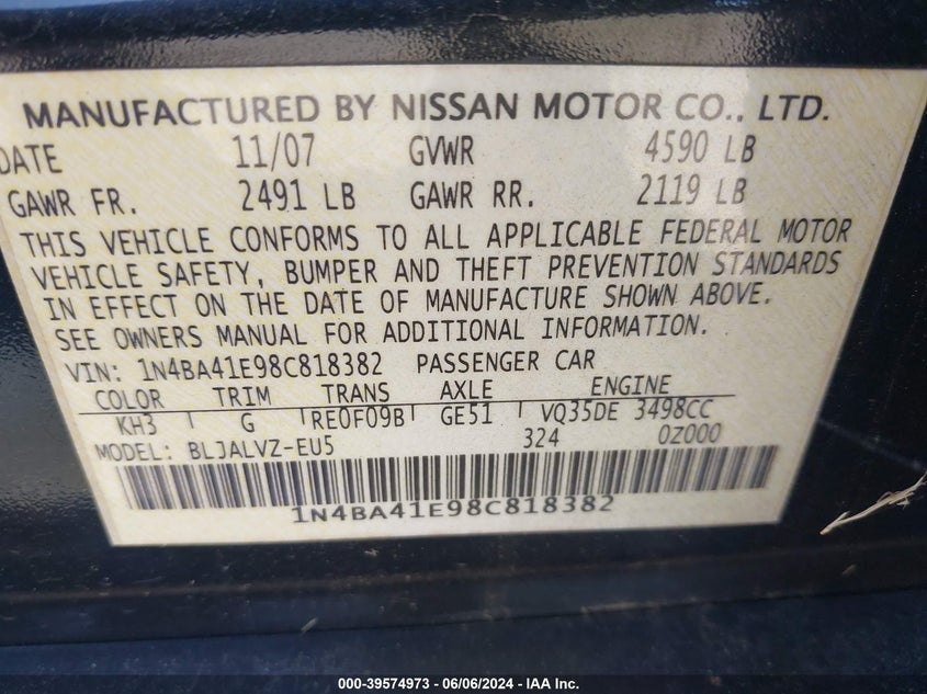 2008 Nissan Maxima 3.5 Se VIN: 1N4BA41E98C818382 Lot: 39574973