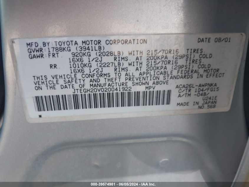 2002 Toyota Rav4 VIN: JTEGH20V020041922 Lot: 39574981