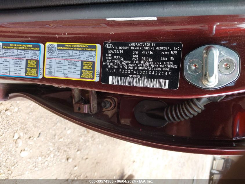 2020 Kia Optima Lx VIN: 5XXGT4L32LG422146 Lot: 39574983