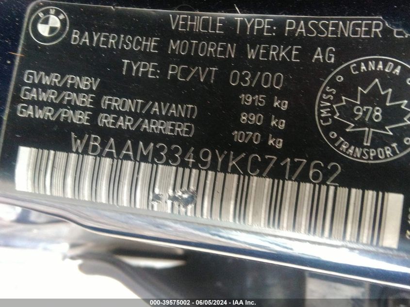 2000 BMW 323I VIN: WBAAM3349YKC71762 Lot: 39575002