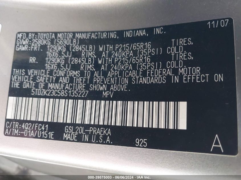 2008 Toyota Sienna Le VIN: 5TDZK23C58S135227 Lot: 39575003