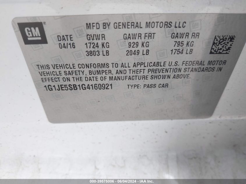 2016 Chevrolet Sonic Ltz Auto VIN: 1G1JE5SB1G4160921 Lot: 39575006