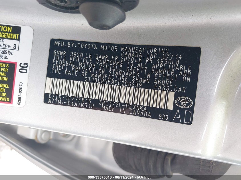 2014 Toyota Corolla Le Plus VIN: 2T1BURHE9EC206299 Lot: 39575010