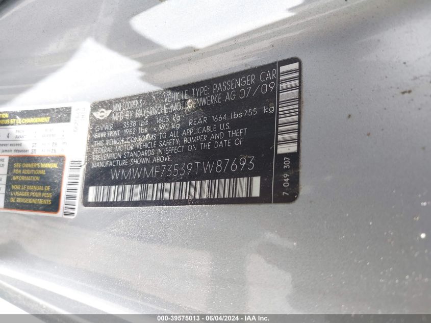 2009 Mini Cooper S VIN: WMWMF73539TW87693 Lot: 39575013