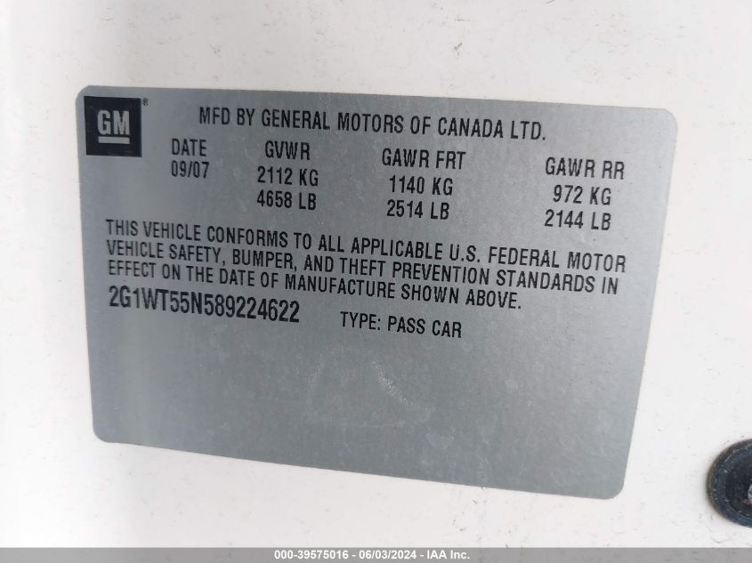2008 Chevrolet Impala Lt VIN: 2G1WT55N589224622 Lot: 39575016