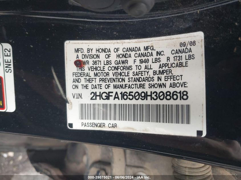 2009 Honda Civic Lx VIN: 2HGFA16509H308618 Lot: 39575021
