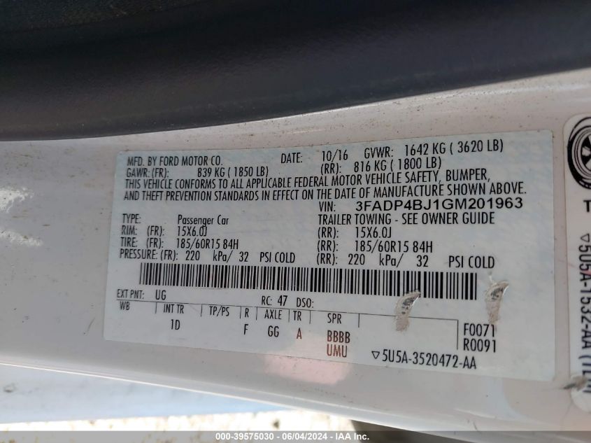 2016 Ford Fiesta Se VIN: 3FADP4BJ1GM201963 Lot: 39575030