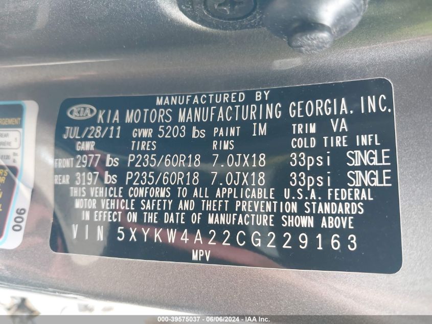 2012 Kia Sorento Sx V6 VIN: 5XYKW4A22CG229163 Lot: 39575037
