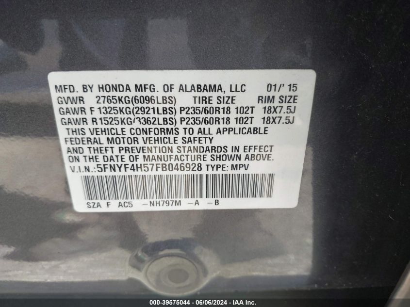 2015 Honda Pilot Ex-L VIN: 5FNYF4H57FB046928 Lot: 39575044