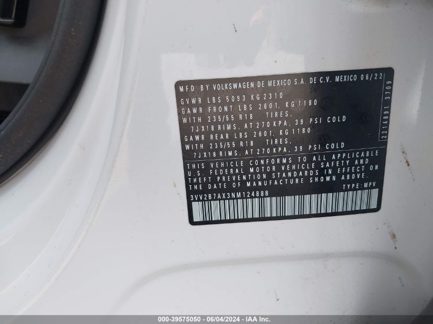 2022 Volkswagen Tiguan 2.0T Se VIN: 3VV2B7AX3NM124888 Lot: 39575050