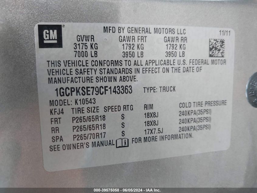 2012 Chevrolet Silverado 1500 Lt VIN: 1GCPKSE79CF143363 Lot: 39575058