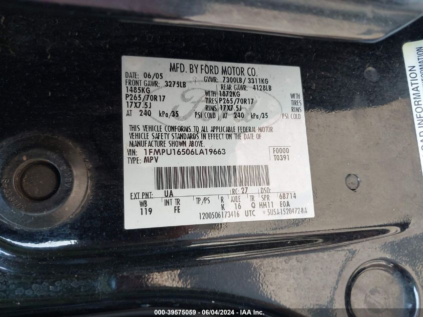 2006 Ford Expedition Xlt/Xlt Sport VIN: 1FMPU16506LA19663 Lot: 39575059