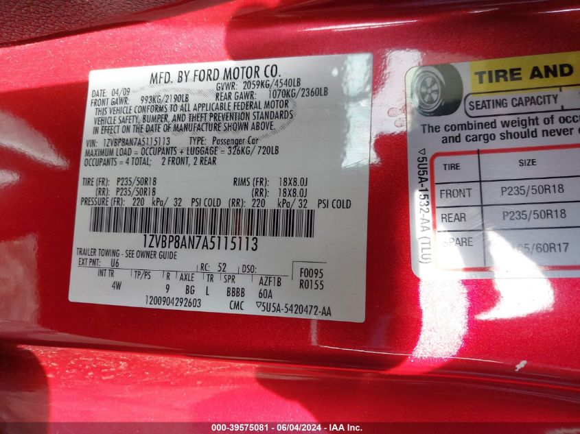 2010 Ford Mustang V6/V6 Premium VIN: 1ZVBP8AN7A5115113 Lot: 39575081