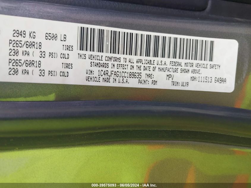 2012 Jeep Grand Cherokee Laredo VIN: 1C4RJFAG1CC189635 Lot: 39575093